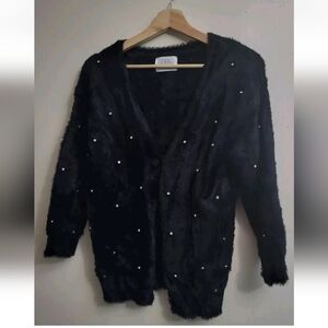 ZARA Winter Collection Girls Faux Fur Black Cardigan Sweater 9-10 Yr Rhinestones